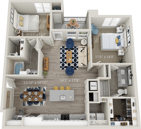 B8 - Luxury two bedroom apartment with living room kitchen with island laundry room two bathrooms with bathtub and shower walk in closet and patio with storage